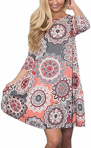 Womens 3 4 Sleeve Floral Print Casual Swing T-Shirt Dresses Round Neck Print Tunic Midi Dress with Pockets (Multi Gray, XXL)