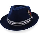 Belfry Gangster 100% Wool Stain Resistant Crushable Dress Fedora in Black Grey Navy Brown Pecan (Large, NavyGreyStripe)