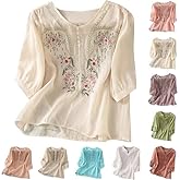 Retro Embroidered 3/4 Sleeve Boho Tops Linen Shirts for Women 2026 Summer Casual Blouses Loose Tunics Gauze Blouses