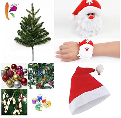 KRIWIN Combo of 1 FT (12 INCHES) Christmas Tree (Table/Desktop) with 10 pcs Christmas Decorations(Assorted), 1 pc Santa Cap & 1 pc Santa Wrist Band for Kids