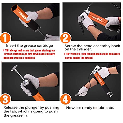 REXBETI Grease Gun, Orange Pistol Grip Grease Gun Set with 18 Inch Flex