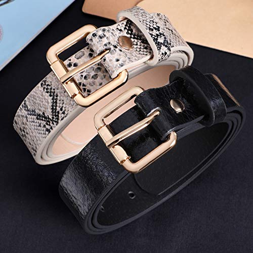 2 Pack Women Snakeskin Print PU Leather Belt for Pants Dress with Gold Color Pin Buckle By JASGOOD 0.9 Inch Wide Black + Grey