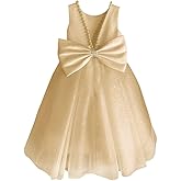 zikusel Glitter Tulle Flower Girl Dress V-Back Girls Party Dress with Pearls Princess Full-Length Bow-Knot Pageant Dress