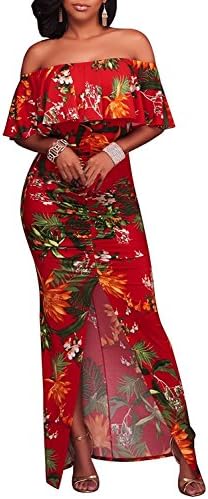 Luyic Women's Vintage Off Shoulder Ruffle Dress Floral Printed Bodycon Long Party Maxi Dress S Red
