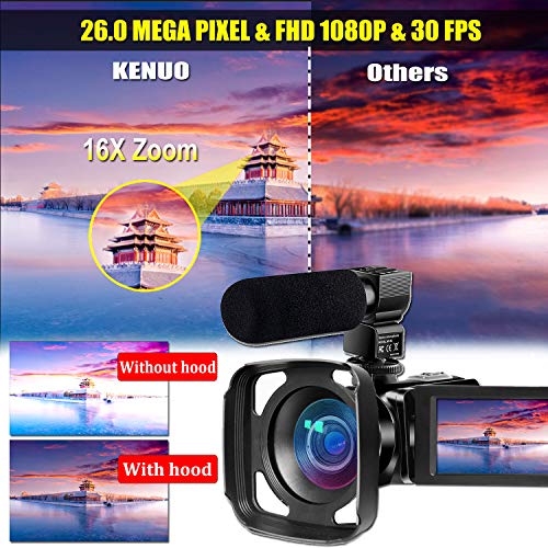 Ultra Video Camera Camcorder For Vlogging KENUO FHD 1080P 26MP 30FPS WIFI IR Night Vision Digital Cameras Webcam for For Youtube, 3.0 Inch IPS Touch Screen Camcorder Recorder with Microphone,Lens Hood