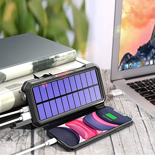 20,000mAh Solar Power Bank,18W PD & QC 3.0 Portable Solar Charger, 10W/7.5W/5W Fast Wireless Qi Battery Pack with 4 Outputs & 2 Inputs, IPX5 Waterproof, Built-in Compass and Flashlight