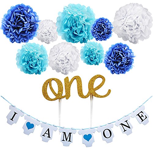 KUNGYO Boy's First Birthday Party Decoration Kit- Blue Sweet Heart “I am One”Bunting Banner+9 Pcs Tissue Paper Flower Pom Poms Garland+ Gold “One”Cake Topper-Perfect 1ST Party Supplies