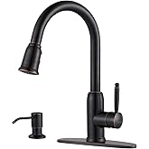 Bronze Kitchen Faucet with Soap Dispenser, WOWOW Stainless Steel Kitchen Faucet for Sink 2 or 4 Hole, High Arc Vintage Kitchen Sink Faucet with Pull Down Sprayer
