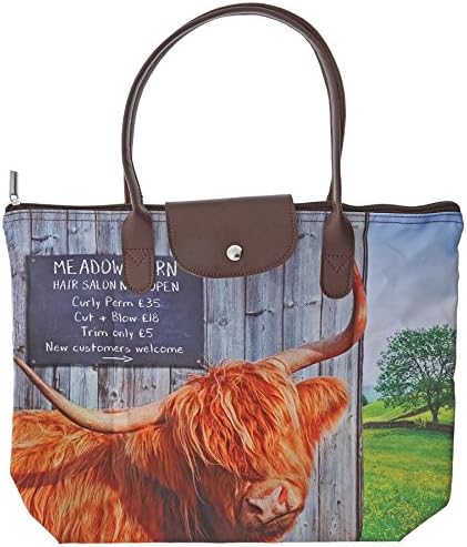 Kitchy and Co A29114 Meadow Barn Highland Cow Foldaway Tote Bag