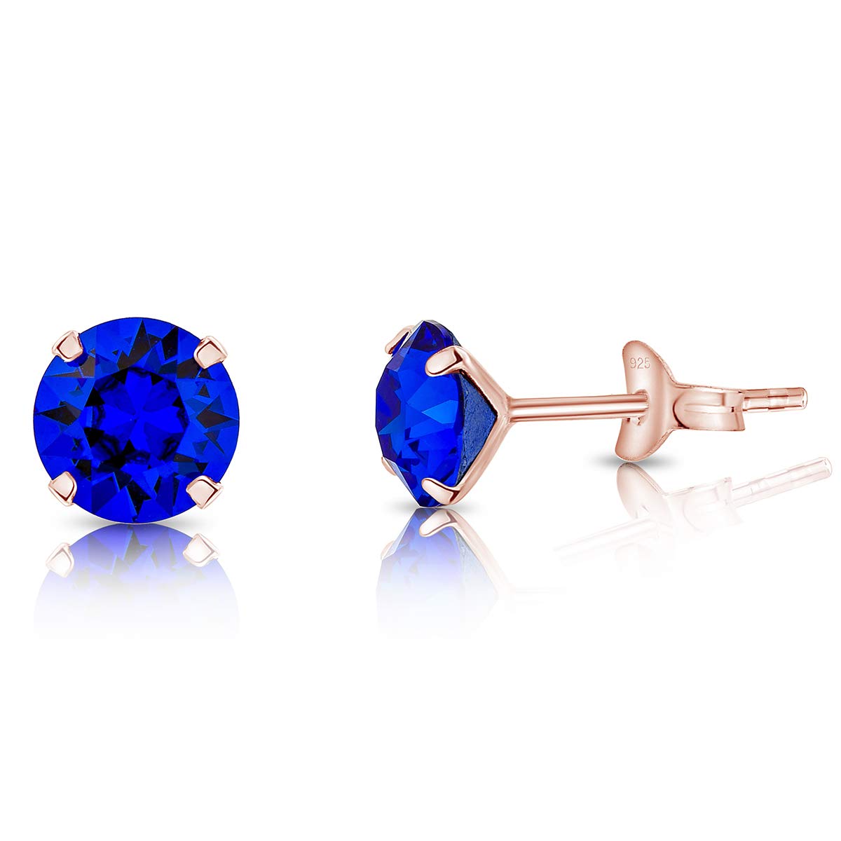 DTPSilver - 925 Sterling Silver Rose Gold Plated Round Stud Earrings made with Glittering Crystals from Swarovski® Elements - Diameter: 6 mm - Colour : Majectic Blue