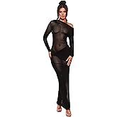 Floerns Women's Asymmetrical Neck Sheer Mesh Long Sleeve Evening Bodycon Maxi Dress