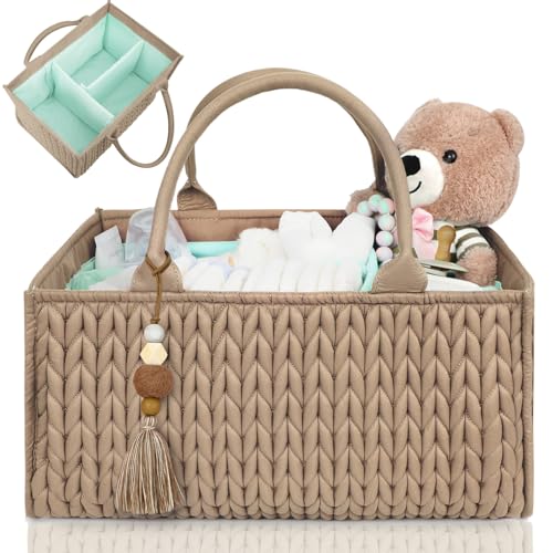 MOMINSIDE Diaper Caddy Organizer, Baby Diaper Caddy Organizer with Handle Baby Basket Nursery Storage, Portable Changing Table Car caddy organizer for Girl Boy, Baby Registry Baby Shower Gifts(Brown)