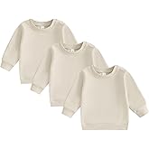 Tsseiatte 3 Pack Toddler Baby Boy Girl Long Sleeve Crewneck Pullover Sweatshirt Sweater Outfits Solid Color Casual Clothes