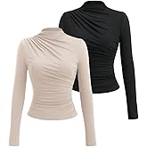 SweatyRocks Women's 2 Pack Ruched Mock Neck Long Sleeve T Shirt Fitted Tee Tops