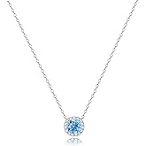 JEMUALE Sterling Silver Necklace for Women Dainty Blue Pendant Sparkling Halo Necklace Round Solitaire Pendant Diamond Jewelry Blue