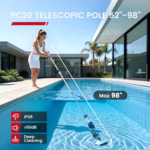 ENHULK Cordless Pool Vacuum, Upgraded Dual Mode, 22 GPM Powerful Suction, 13.4" Wide Head & 98.4" Telescopic Pole, 4 Filter Units, 1H Runtime, Handheld Pool Cleaner for Above/Inground Pools, PC20