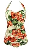 Cocoship 50s Vintage Peach Hibiscus Floral Anchors One Piece Pin Up Sheath Swimsuit(FBA)