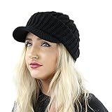 Warm Ribbed Cable Knit Winter Beanie Hat w/ Visor Brim, Snug Stretch Skully Cap