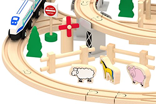 Kids Destiny Deluxe Wooden Railway Set with Vocal Sound and Lots of accessories (130+ pcs) - 100% Compatible with All Major Brands Including Thomas Wooden Railway System