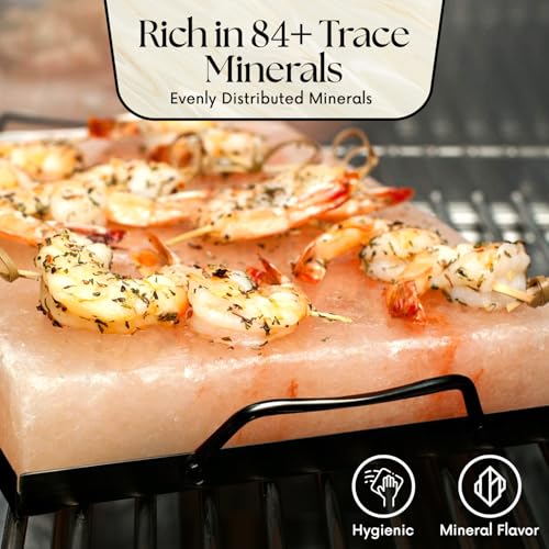 UMAID Himalayan Salt Block Cooking Plate 12x8x1.5 – Food Grade Pink Himalayan Salt Stone for Cooking, Grilling, Serving & Cutting – Includes Steel Tray & Grilling Recipe Booklet – Unique Gifts for Men & Dad Gifts for Fathers Day