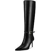 COMJUY Knee High Boots Women Stiletto High Heel 3.3in, Side Zipper Pointed Toe Metal Buckle Tall Boots Dress Boots for Women, Comfortable Faux Leather Below the Knee Long Boots