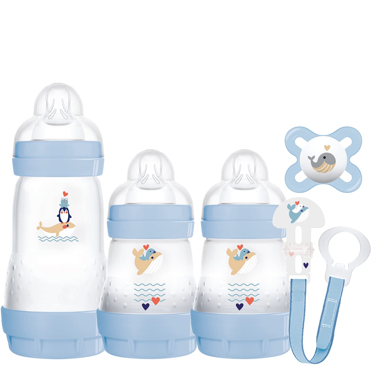 MAM Welcome to The World Set | Baby Gift Set with 3X Feeding Bottles, 0-2 Month Soother and MAM Dummy Clip | Baby Accessories for Newborn | Blue (Various Designs)