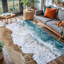 Tan Beach White Blue Waves Pattern Area Rug