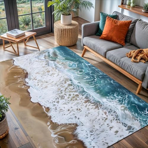 Tan Beach White Blue Waves Pattern Area Rug