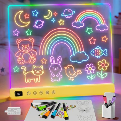 LED Note Board with Colors-13.7"X10" Glowing Acrylic Dry Erase Board with 6 Modes & 8 Colors, Include Adapter, Hanging Chain, Led Drawing Board for Kids/Girls/Teens Gift, 7 Markers