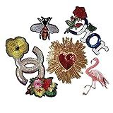 Embroidery Sequins Rose/Golden Round Red Love/Flamingo and Bee Embroidery Garment Patch DIY Sewing Manual Repair(Color 4)