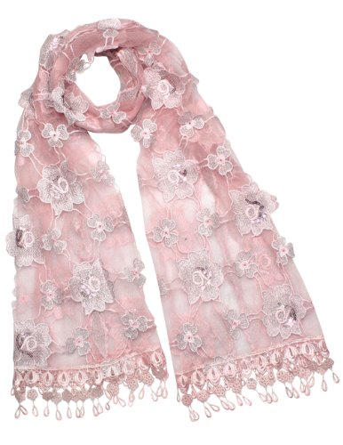 Hand Embroidered Rose & Trillium Flower Shining Sequin Lace Scarf Shawl - Pink