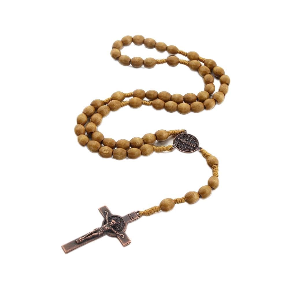 Runmeihe Catholic Cross Rosary Necklace, Natural Wood Prayer Beads with Medal Cross Jesus Christ Saint Benedict, for Catholic Christians Religious Communion, Baptism, Mass, Bible