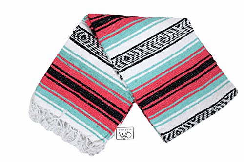 Mint Green and Coral Red Pink Mexican Blanket - Authentic Mexican Flasa - Great Yoga Blanket, Beach Blanket, Picnic Blanket, or Mexican Throw! Handwoven