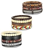 FIBO STEEL 12 Pcs Leather Bracelets for Men Women Wooden Bead Bracelet Cuff Elastic,BCH
