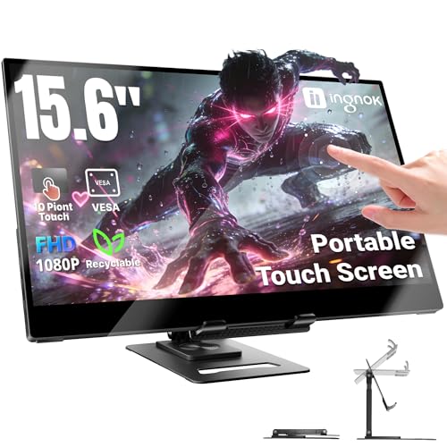 Ingnok Écran Tactile Portable 15,6 Pouces Brillant FHD IPS Moniteur Portable avec Béquille/VESA, Ultra-Leger Ecran Portatif pour Ordinateur Portable/PC/Mac/PS3/4/5/X-box - Connectivité USB C et HDMI