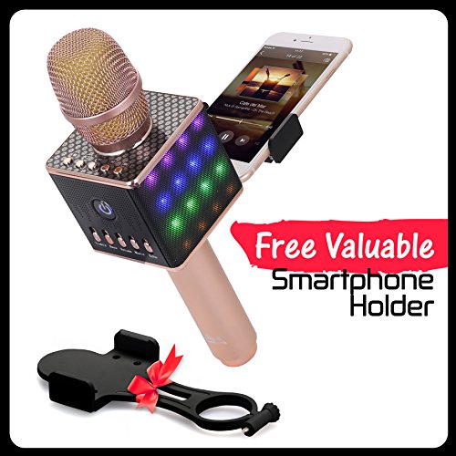 Bluetooth-Karaoke-Microphone-H8-20-with-Smartphone-holder-and-LED-Lights-Speaker-Bluetooth-Machine-for-Easy-Connection-to-iPhone-and-Android-The-Perfect-Home-KTV-Karaoke-Singing-Rose-Gold