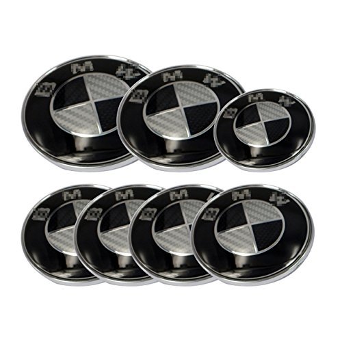 Easy Fast Replacement 7pcs Round Black White Carbon Emblem 82mm Front + 73mm Rear Trunk + 68mm Wheel Caps + 44mm Steering Emblem Car Generic Emblem Set Logo Badge For BM Wheel Car Model