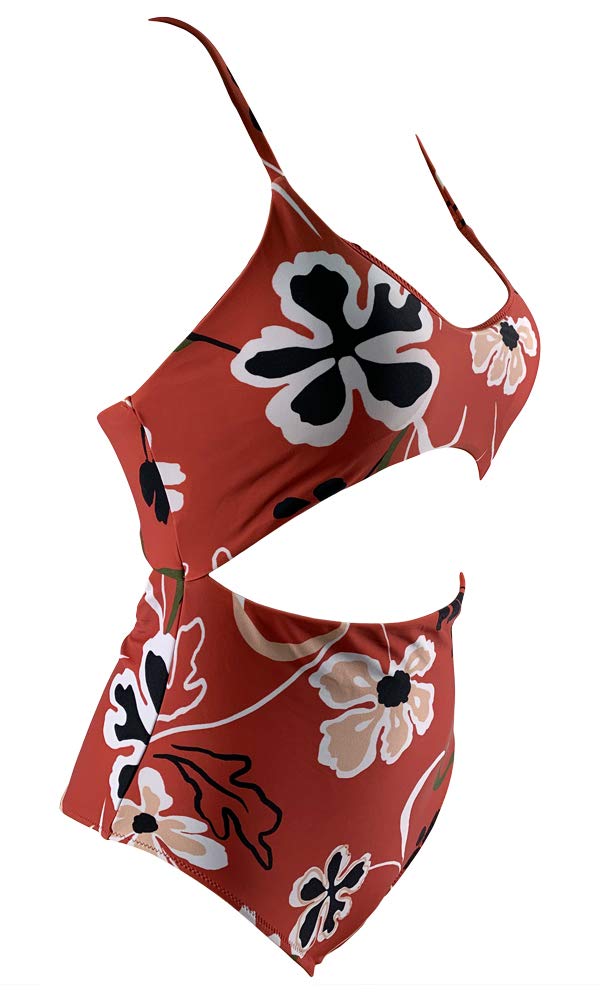 Agreya Women\'s high Slit Halter Back one-Piece Swimsuit (Rusty red Flowers, S)
