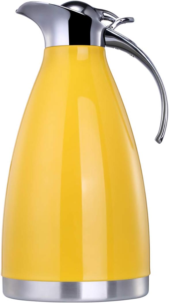 BonNoces 68 Oz Thermal Carafe/Coffee Carafe - 2L Stainless Steel Double Wall Vacuum Insulated Thermos Pot - Metal Lid and Handle, Food Grade Silicone (Yellow)