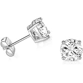 Solid 14K White Gold Cubic Zirconia Stud Earrings, Round Solitaire | For women; round CZ; 4-prong basket; 14K gold push backs; earrings and backs stamped 14K; gift box included