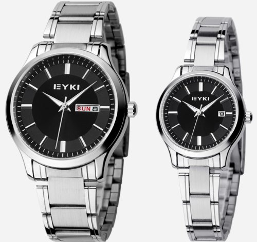 EYKI Couple Quartz Waterproof Wristwatches in Pack Of Two Black Stainless Band