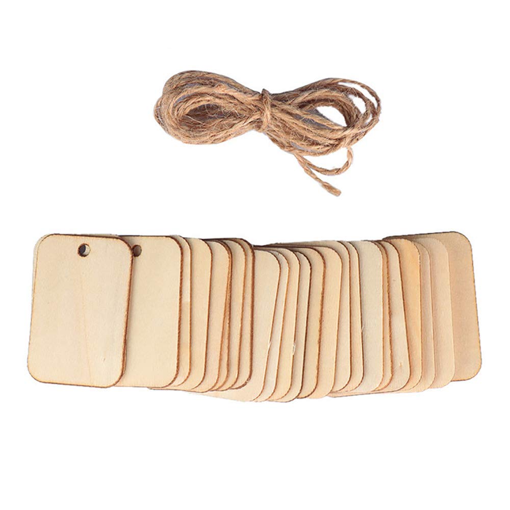 POFET 100pcs Wooden Rectangle Craft Shape Tag Embellishment for Craft with Rope