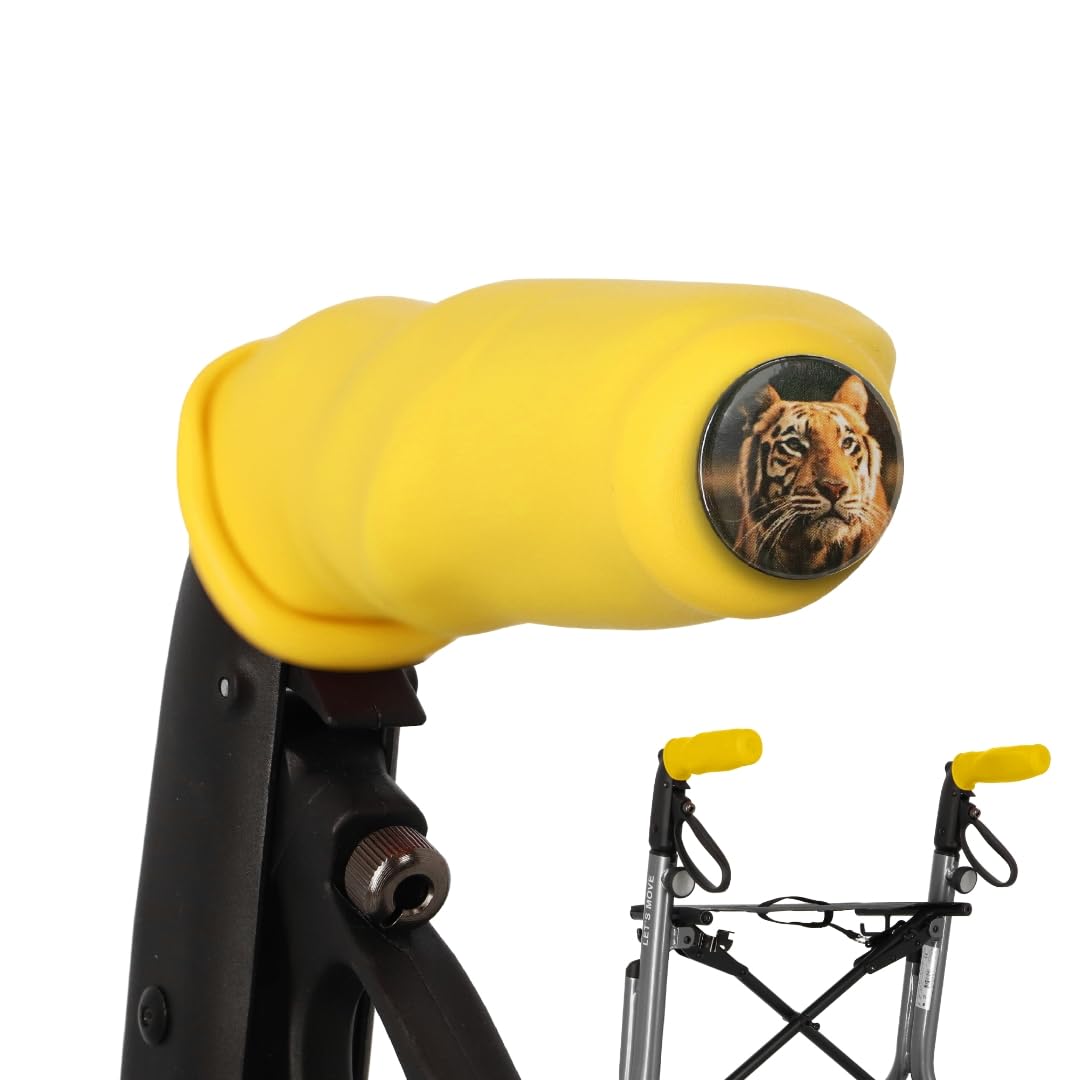 MyRollerSleeve ergonomic/anatomic handles for walker/rollator and wheelchair. Prevents painful hands with gel cushion. Customizable button with picture. Yellow