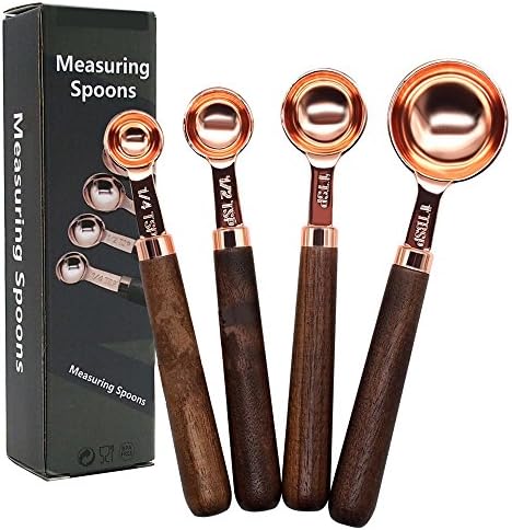 Copper Measuring Spoons, Set of 4: Copper-Plated Top-Quality Stainless Steel with Wood Handles / Rose Gold