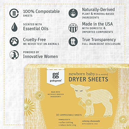 Grab Green {Stage 1} Natural Newborn Baby Laundry Dryer Sheets {0-4 Months}, Compostable, Free of Wax & Animal-Derived Ingredients, Calming Chamomile Fragrance-with Essential Oils, 30 Sheets (3-Pack)