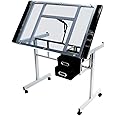 Topeakmart Glass Drafting Table Rolling Drawing Desk Artists Art Craft Desk w/2 Slide Drawers and Wheels for Home Office School