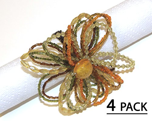 Cotton Craft - Floral Strands Napkin Ring Gold Orange Multi - Set of 4 - 2 Inch Round - Hand made by skilled artisans - A beautiful complement to your dinner table dÃ©cor