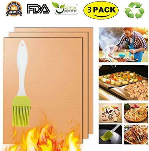 Copper Grill Mat Oven Liners BBQ Baking Mats - 100% Non Stick Best Grill Mats for Charcoal Electric Gas Grills Reusable and Easy to Clean Accessories - FDA Approved PFOA Free Set of 3