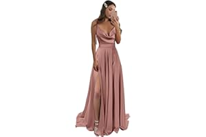 POMUYOO Spaghetti Straps Bridesmaid Dresses with Pockets Satin Long Formal Prom Ball Gowns with Slit YG182