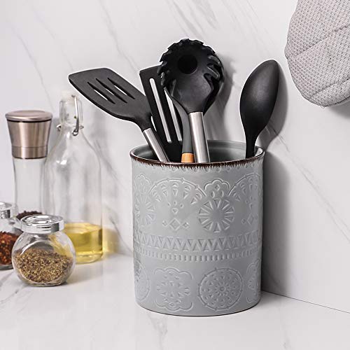 DOWAN Utensil Holder, Ceramic Kitchen Utensil Holder with Cork Mat